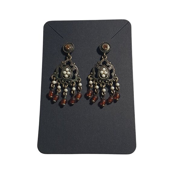 Antique Style Filigree Dangle Earrings With Beaded Details On Brass Metalwork - Picture 1 of 4